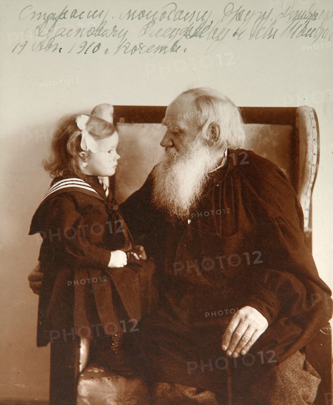 Russian author Leo Tolstoy with his granddaughter Tatiana, Yasnaya Polyana, Russia, c1910.  Artist: Vladimir Grigorievich Chertkov