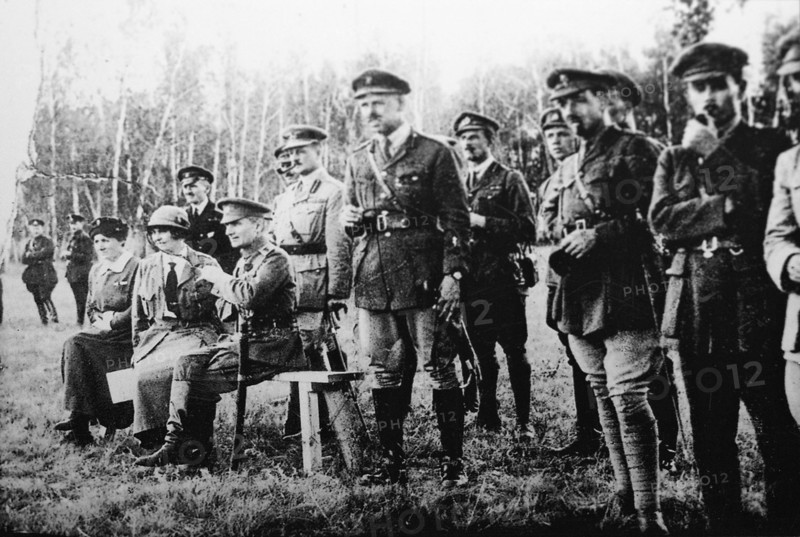Admiral Alexander Kolchak (sitting) with British officers on the Eastern Front, Russia, 1918. Artist: Anon