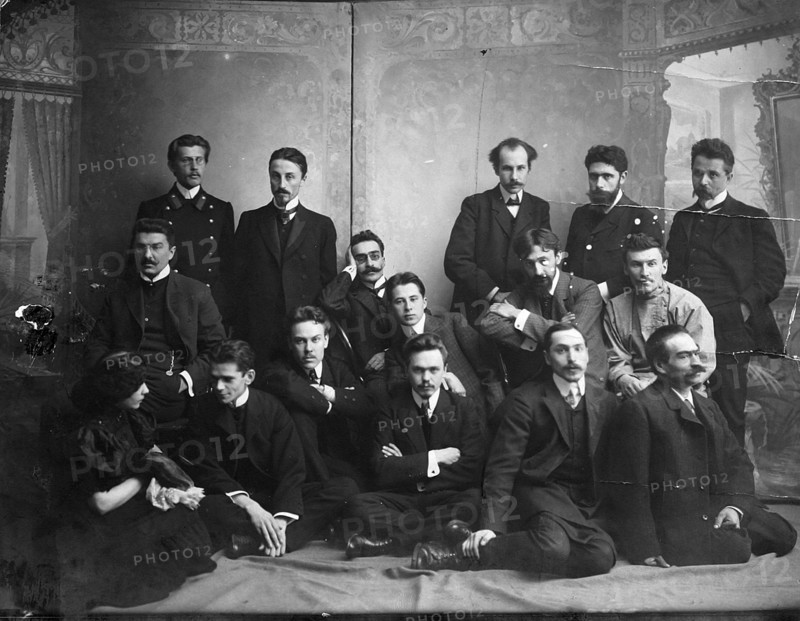 Russian author and poet Andrei Bely with symbolist authors, 1907. Artist: Unknown