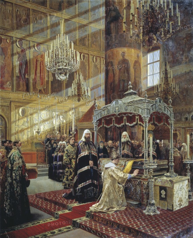 Tsar Alexis and Patriarch Nikon at the coffin of Metropolitan Philip of Moscow, 17th century (1886). Artist: Alexander Litovchenko