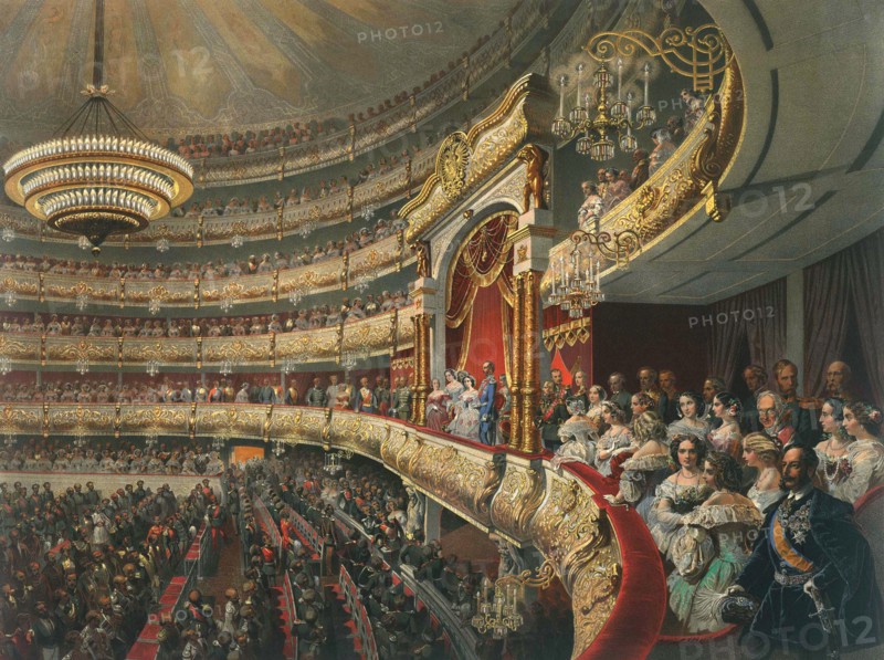 Auditorium of the Bolshoi Theatre, Moscow, Russia, 1856.  Artist: Mihály Zichy