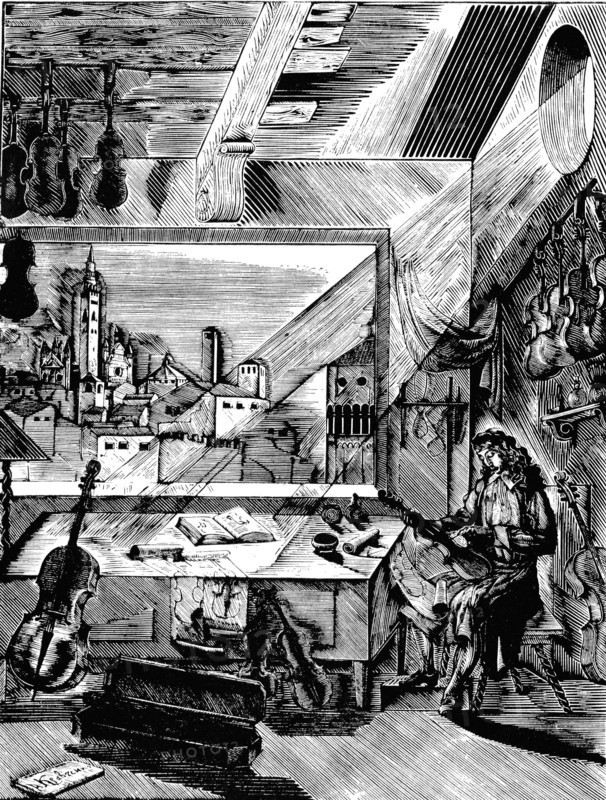 Italian musical instrument maker Antonio Stradivari in his workshop, (1926).  Artist: Aleksey Kravchenko