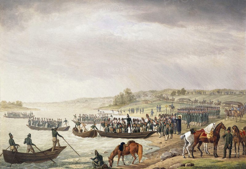Italian Corps of Eugene de Beauharnais Crossing the Niemen on 30 June 1812, (1815).  Artist: Albrecht Adam