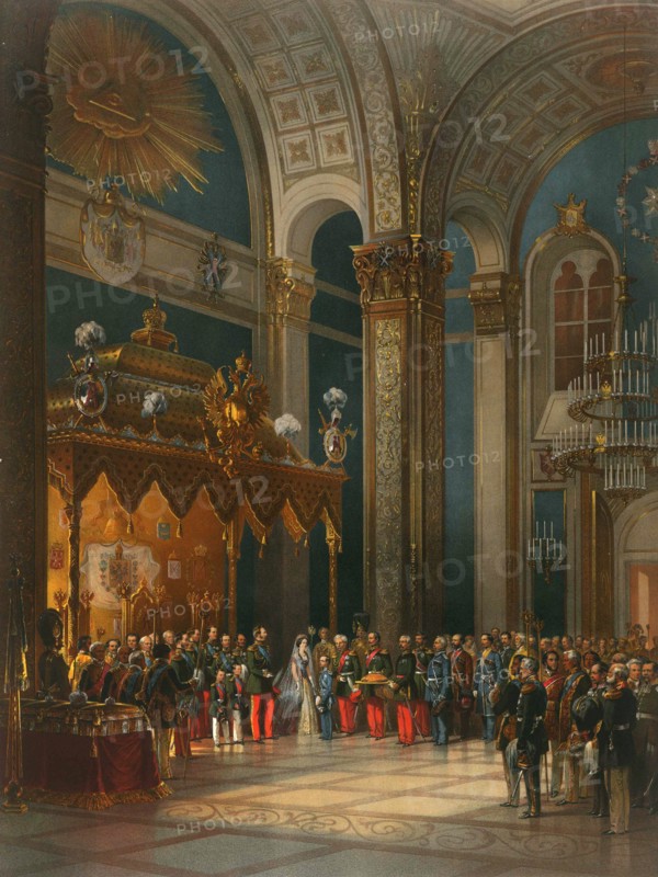 Homage of Cossack officers in the Throne Hall, coronation of Tsar Alexander II, Moscow, 1856.  Artist: Georg Wilhelm Timm