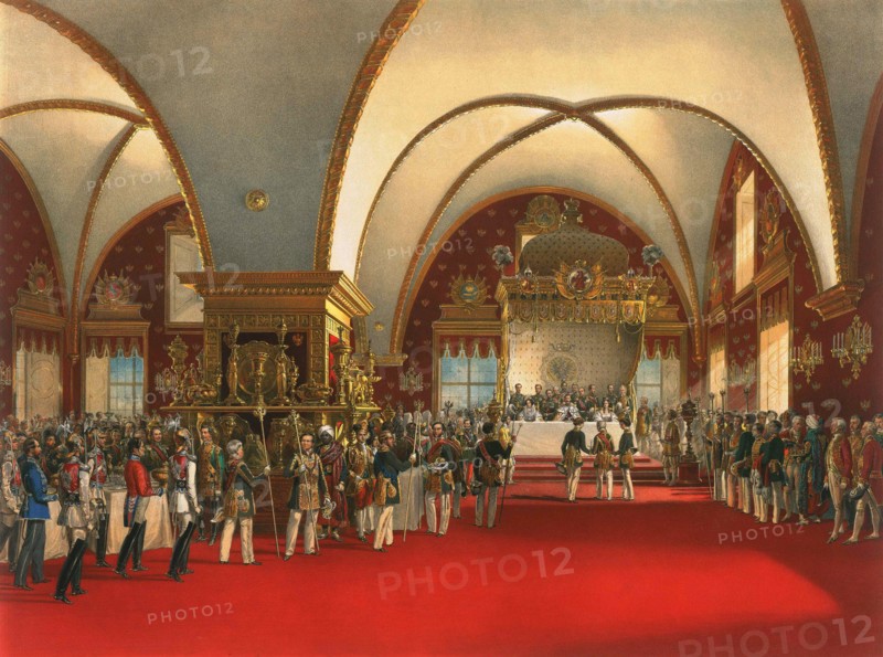 Coronation banquet in the hall of the Palace of the Facets in the Moscow Kremlin, 1856.  Artist: Georg Wilhelm Timm