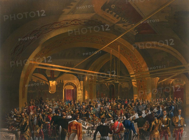 Coronation banquet for the envoys in the Golden Hall of the Great Kremlin Palace, Moscow, 1856. Artist: Mihály Zichy
