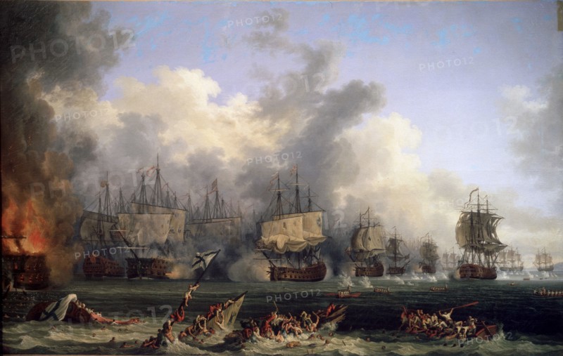'The Sinking of the Russian Battleship St. Evstafius in the naval Battle of Chesma', 1771.  Artist: Jacob Philip Hackert