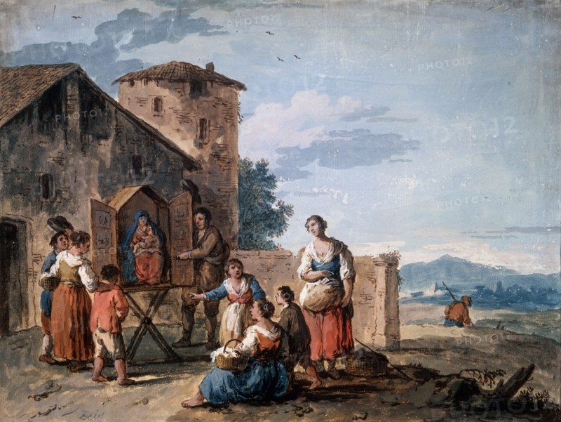 'A group of peasants before the tabernacle with the Standing Madonna statue, c1750.  Artist: Giuseppe Zais