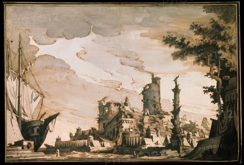 'Sea Harbor, Stage design for a theatre play', 1818.  Artist: Pietro Gonzaga