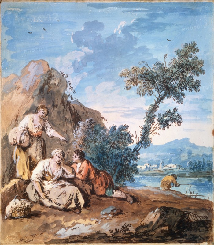 'Three peasants resting on a river bank', c1750.  Artist: Giuseppe Zais