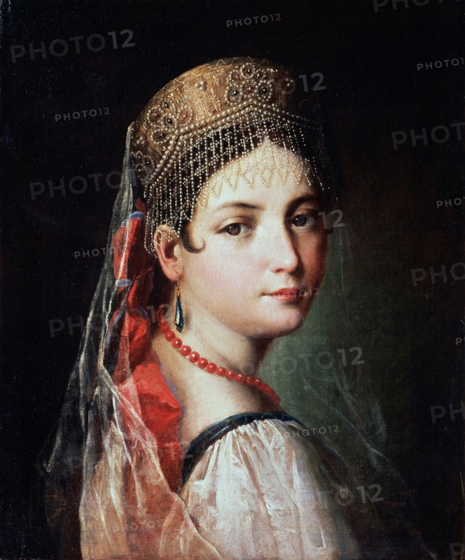 'Portrait of a Young woman in Sarafan and Kokoshnik', 1820s.  Artist: Mauro Gandolfi