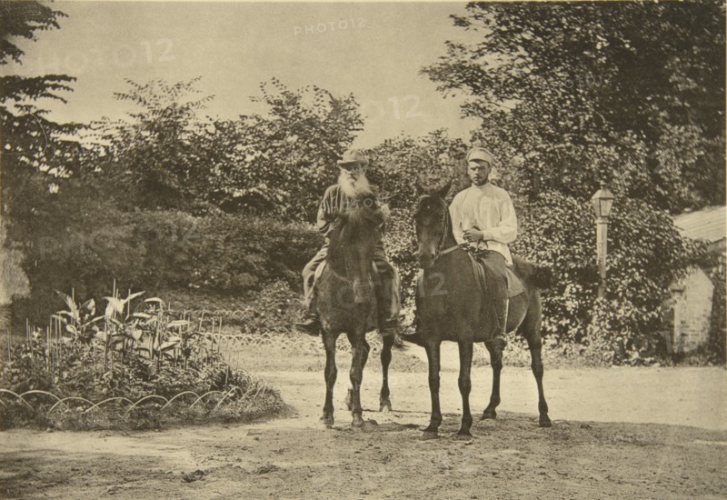 Russian author Leo Tolstoy riding in Yasnaya Polyana, near Tula, Russia, 1900. Artist: Sophia Tolstaya