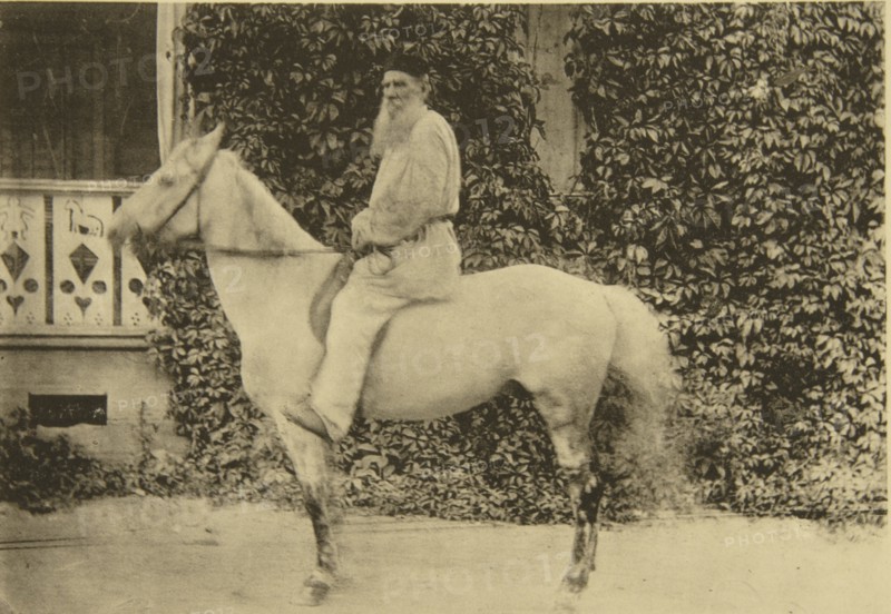 Russian author Leo Tolstoy on horseback, Moscow, Russia, 1890s. Artist: Sophia Tolstaya
