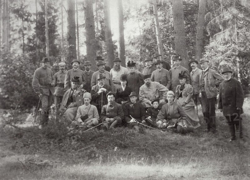 Tsar Alexander III with family and friends on a hunt in the Bialowieza Forest, Russia, 1894. Artist: Unknown