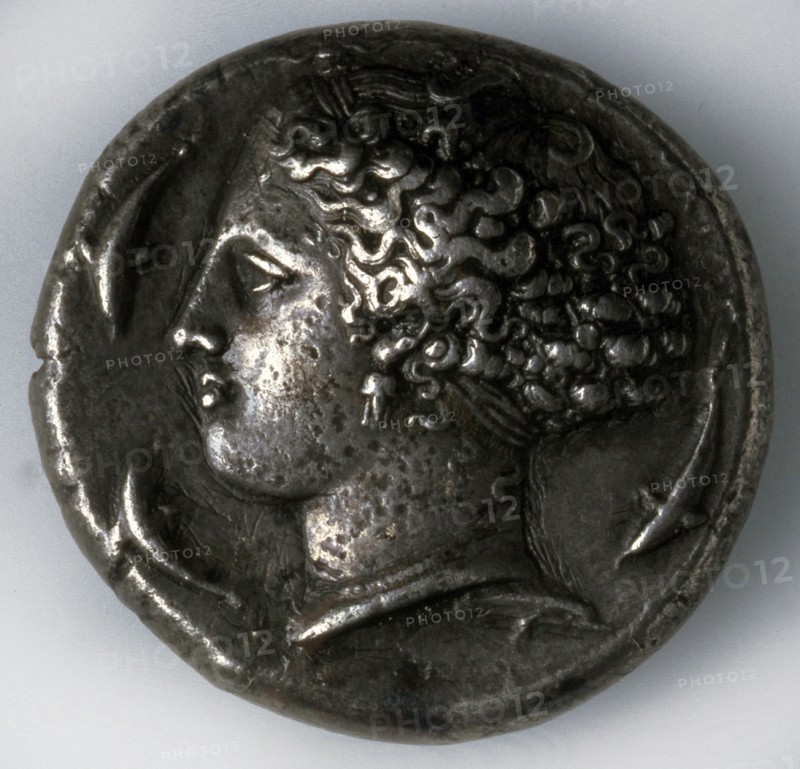 Silver tetradrachma from Syracuse (obverse: a goddess with dolphins), 5th-4th century BC. Artist: Unknown