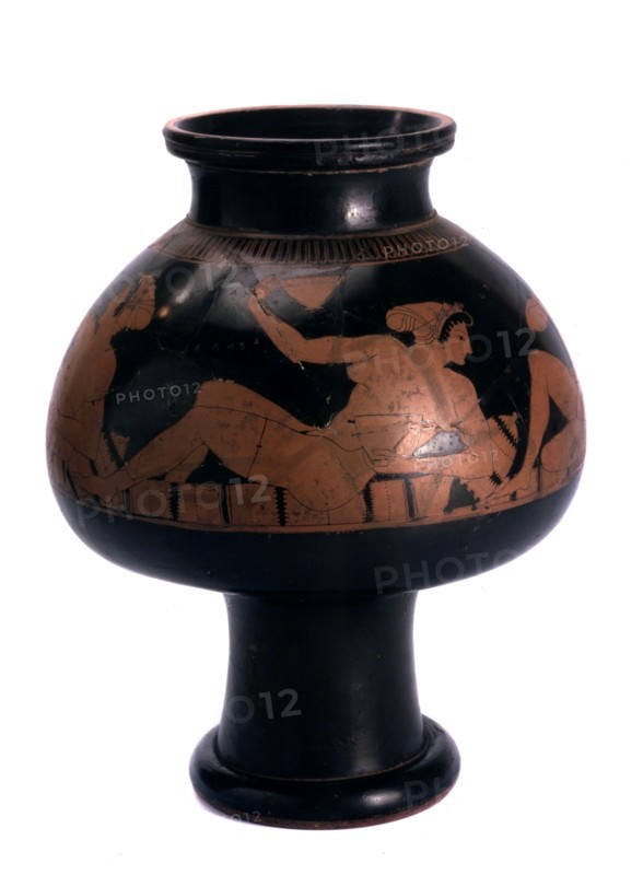 Red-figure psykter (wine cooler) with a symposium scene, Ancient Greek, c505-c500 BC. Artist: Euphronios