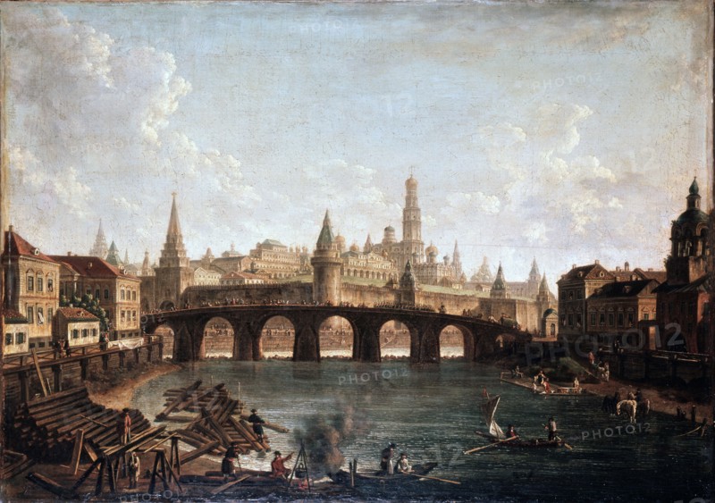 'View from the Moscow Kremlin and the Bolshoy Kamenny Bridge (Greater Stone Bridge)', 1810s. Artist: Fyodor Yakovlevich Alexeev