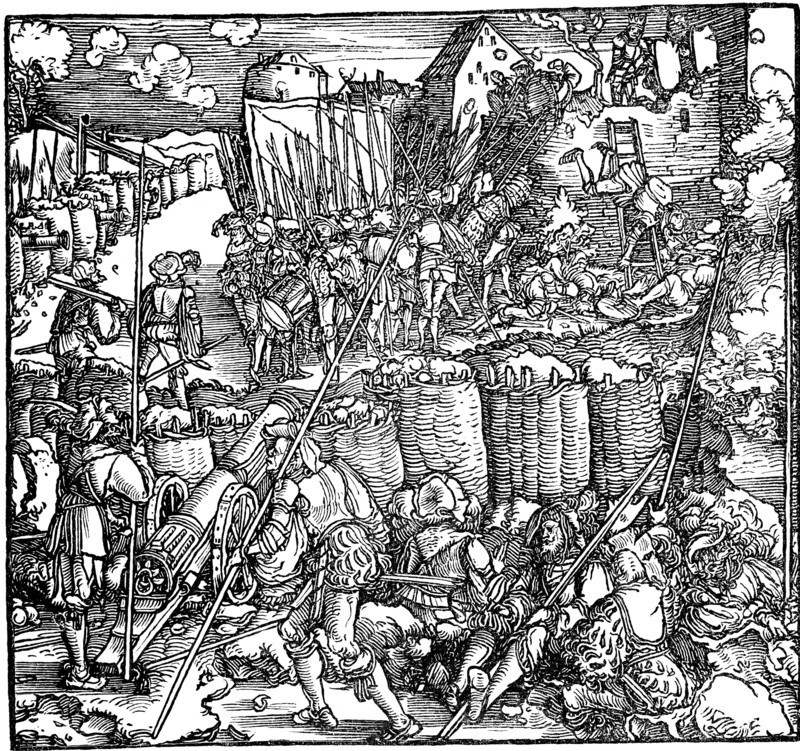Siege of a fortress. Illustration from the book Phisicke Against Fortune by Petrarch, 1532.
