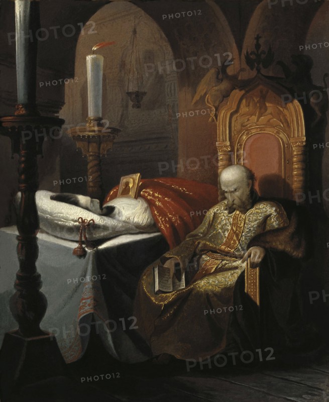 Ivan the Terrible and his son Ivan on Friday, November 16th, 1581, (1860s). Creator: Shustov, Nikolai Semyonovich (ca. 1838-1869).