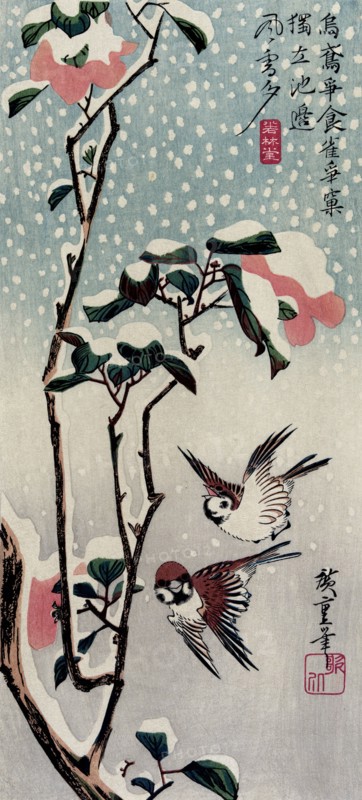 Sparrows and Camellias in the Snow, 1830s.  Creator: Hiroshige, Utagawa (1797-1858).