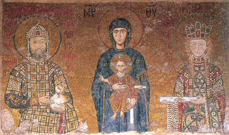 The Virgin with Child between emperor John II Comnenus and his wife, Irene, c1118.  Creator: Byzantine Master.