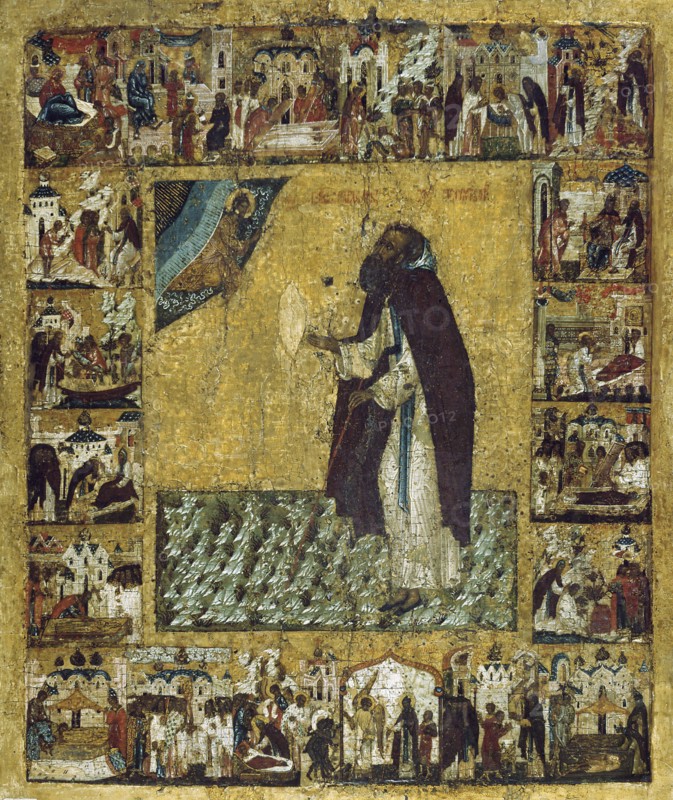 Saint Barlaam of Khutyn with Scenes from His Life, 1560s.  Creator: Russian icon.