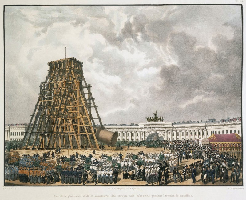 Raising of the Alexander Column in Saint Petersburg, 1836.  Creator: Bichebois, Louis-Pierre-Alphonse (1801-1850).