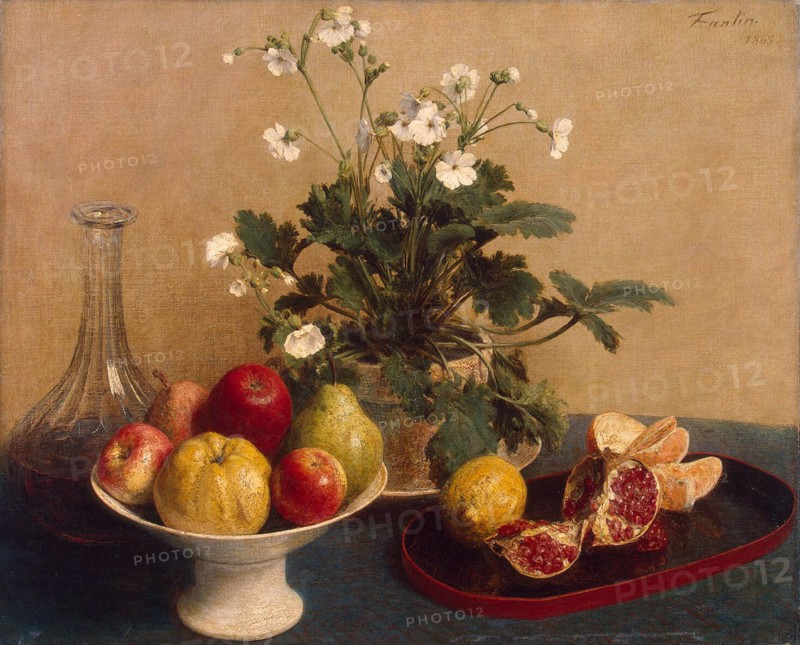 Flowers, Dish with Fruit and Carafe', 1865. Creator: Fantin-Latour, Henri (1836-1904).