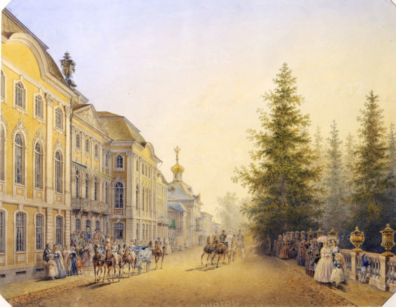 'The Main Entrance of the Great Palace in the Peterhof', 1852. Artist: Vasilij Semenovic Sadovnikov