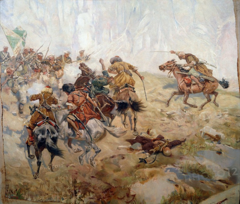 'Capturing of the Aul Akhtulga', late 19th or early 20th century. Artist: Franz Roubaud