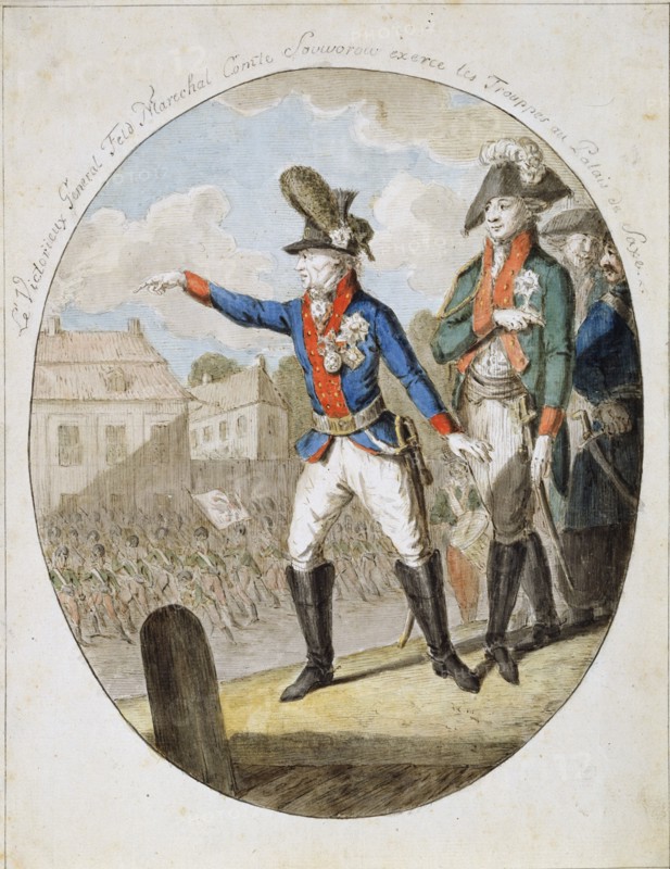 Russian Field Marshal Alexander Suvorov inspecting troops, c1794. Artist: Anon