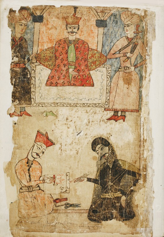 Rustaveli dictates his poem to a chancellor. Illustration to the poem The Knight in the Panther's Skin by Shota Rustaveli, Mid of 17th cen.. Artist: Tavakalashvili, Mamuka (1611-1657)