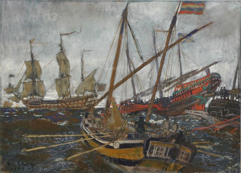 Ships at the Time of Peter I, 1909. Artist: Lanceray (Lansere), Evgeny Evgenyevich (1875-1946)