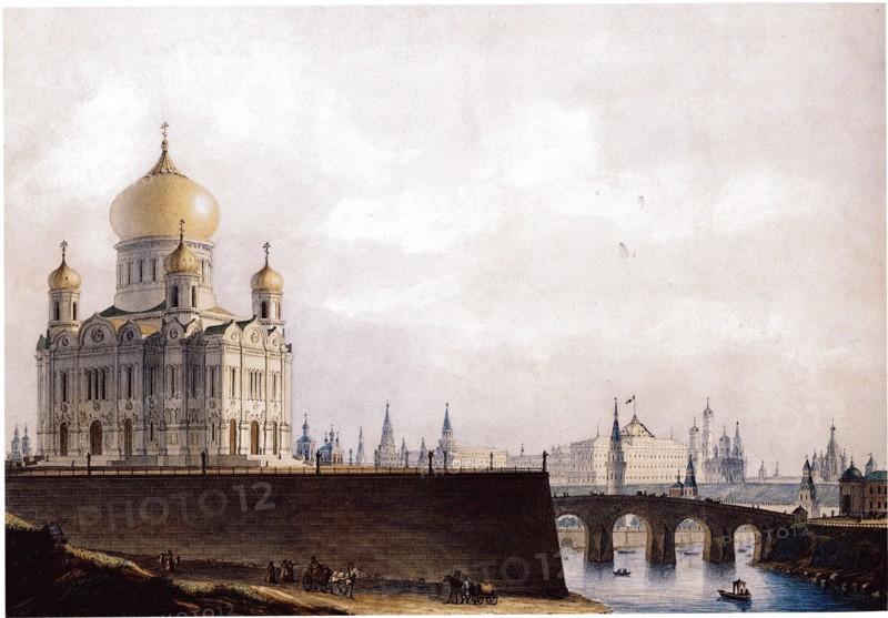 The Cathedral of Christ the Saviour with View of the Moscow Kremlin, 1836-1837. Artist: Thon, Alexander Andreyevich (1790-1858)