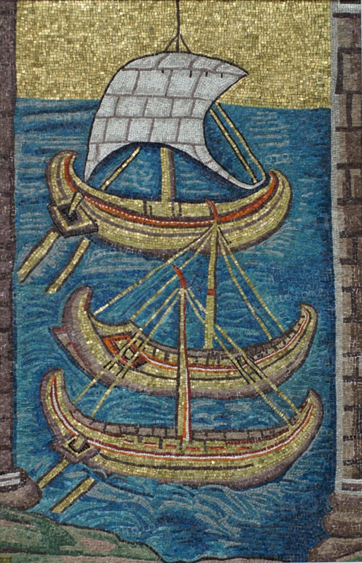 The Roman galleys. Mosaic from Ravenna, copy. Artist: Classical Antiquities