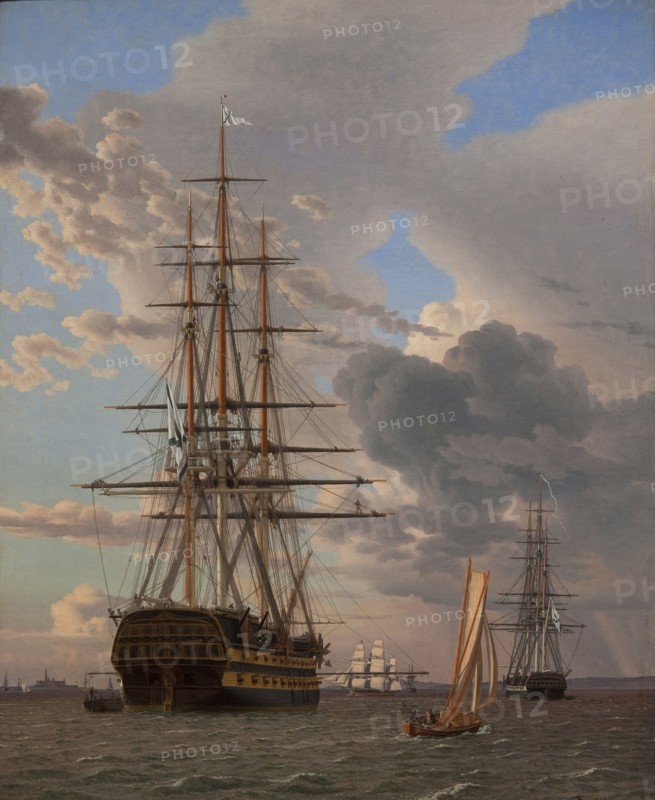 The Russian Ship of the Line Azov and a Frigate at Anchor in the Roads of Elsinore, 1828. Artist: Eckersberg, Christoffer-Wilhelm (1783-1853)