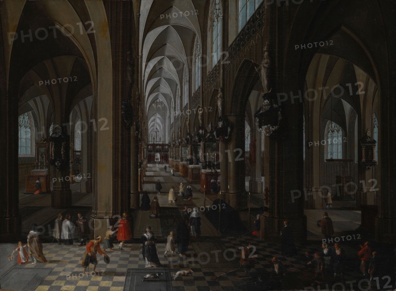 Interior of Antwerp Cathedral, 1651. Artist: Neeffs, Pieter, the Elder (1578-1661)