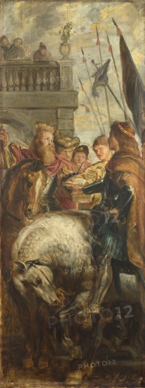 Kings Clothar and Dagobert dispute with a Herald from the Emperor Mauritius. Sketch for High Altarpiece, St Bavo, Ghent, 1611. Artist: Rubens, Pieter Paul (1577-1640)