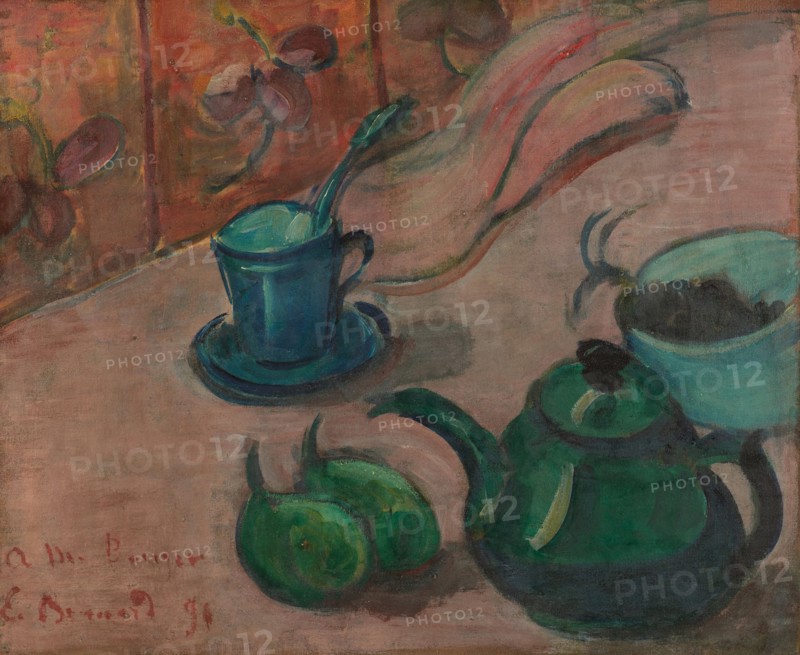 Still life with teapot, cup and fruit, 1890. Artist: Bernard, Émile (1868-1941)
