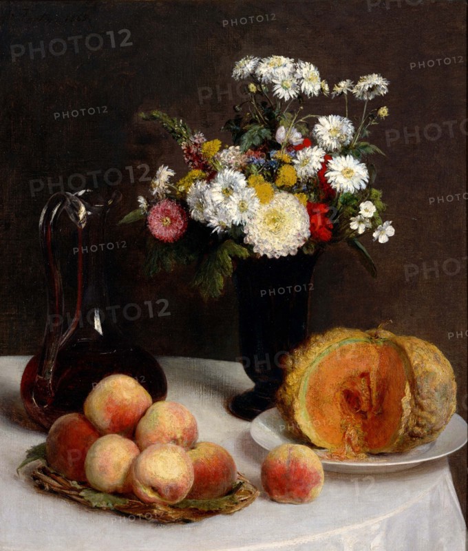 Still Life with Decanter, Flowers and Fruits, 1865. Artist: Fantin-Latour, Henri (1836-1904)