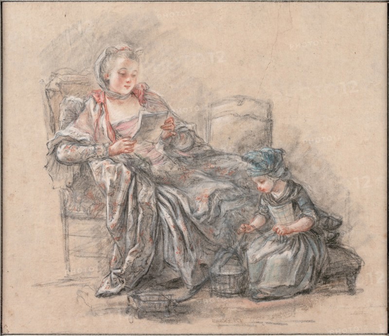 Woman Reading and a Girl Playing (Marquise de Pompadour with her daughter Alexandrine), ca 1748. Artist: Guérin, François (1751-1791)
