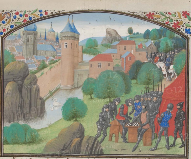 Soldiers playing dice before the city of Caesarea. Miniature from the Historia by William of Tyre, 1460s. Artist: Anonymous