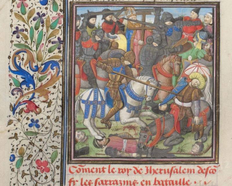 The battle between the Crusaders and Saracens. Miniature from the Historia by William of Tyre, 1460s. Artist: Anonymous