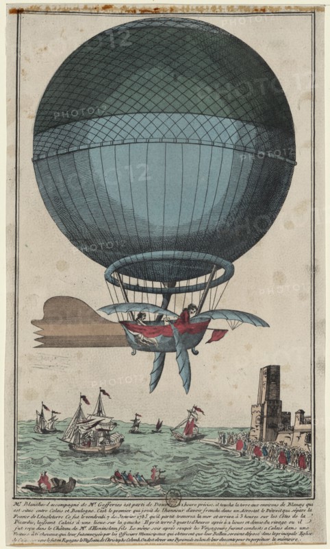 Jean Pierre Blanchard and John Jefferies arriving in Calais after crossing the English Channel in a hot air balloon, 1785. Artist: Anonymous