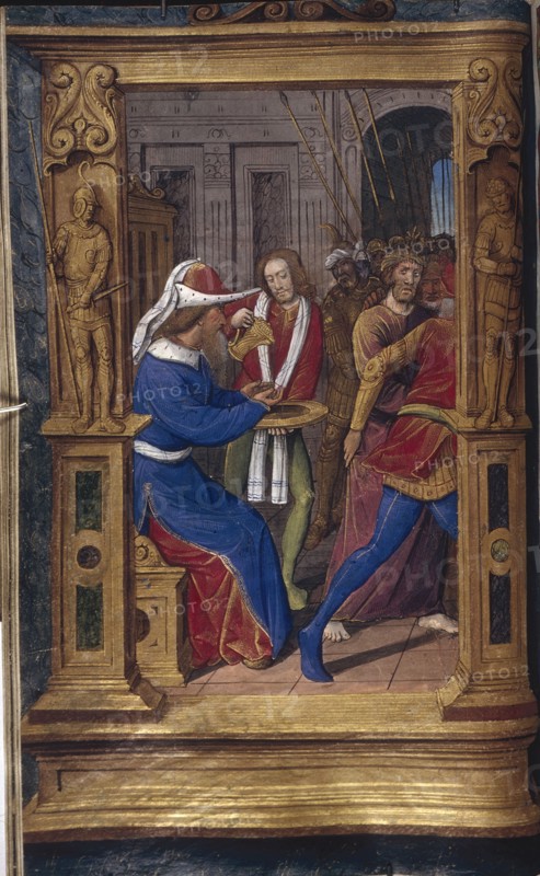 Pilate washes his hands (from Lettres bâtardes), ca 1490-1510. Artist: Poyet, Jean (active 1483-1497)
