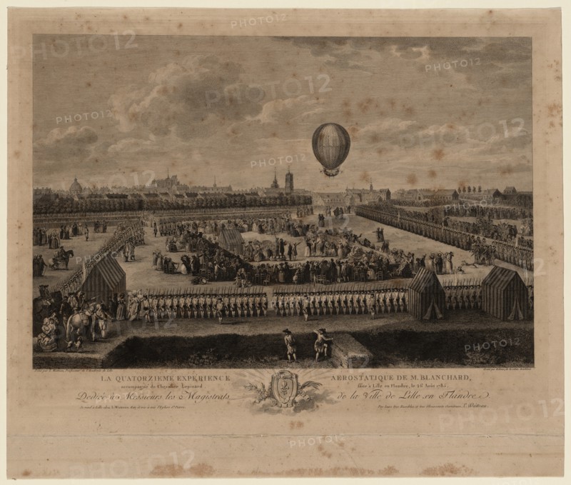 The balloon of Jean-Pierre Blanchard ascending from Lille on August 26, 1785, 1785. Artist: Watteau, Louis (1731-1798)