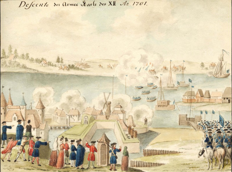 Charles XII is crossing the Düna 1701, 1770-1780s. Artist: Brotze, Johann Christoph (1742-1823)