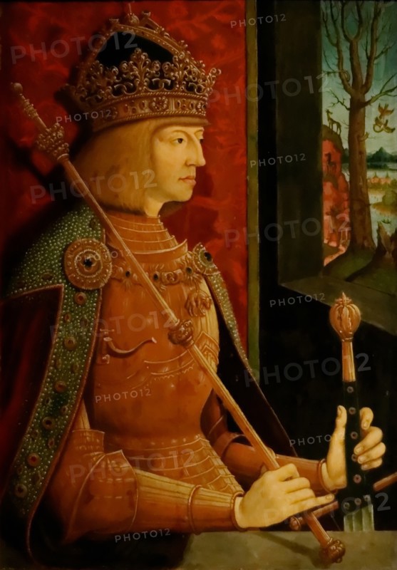 Emperor Maximilian I (1459-1519), with crown, sceptre, and sword, c. 1500. Artist: Strigel, Bernhard (ca 1460-1528)