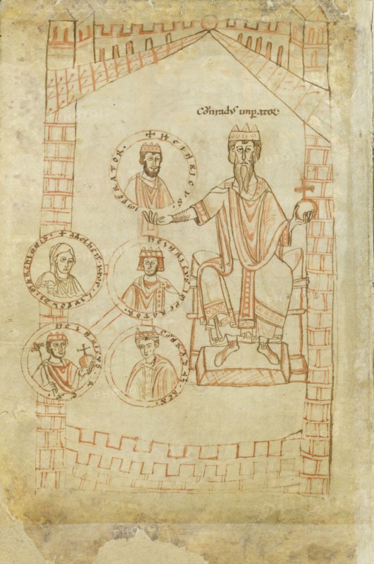 Salian Dynasty Family Tree: Conrad II, Henry III, Henry IV, his wife Eupraxia of Kiev, Henry V, 12th century. Artist: Ekkehard of Aura (?-1126)