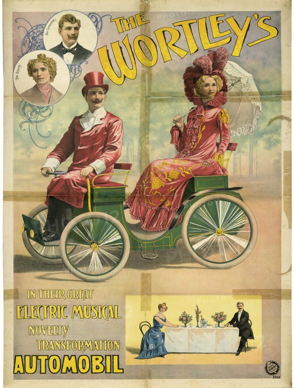 The Wortley's in their great electric musical novelty transformation Automobil, 1896. Artist: Friedländer, Adolph (1851-1904)